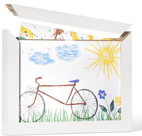 Wave Brands Bilderrahmen Kinderzeichnungen A4 | magnetischer Echtholz Wechselbilderrahmen für bis zu 100 Kinderbilder | BILDWECHSEL - genial einfach zum Befüllen I Echtholz Pinie weiß lackiert