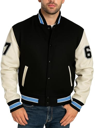 Fashion_First Axel Foley Beverly Hills Cop Varsity Letterman - Chaqueta universitaria de lana + mangas de piel sintética y real, Eddie - Mangas de imitación, L