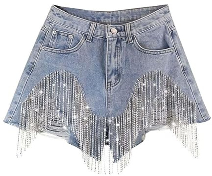 Women's Fringe Denim Shorts Sequin Stars Pattern High Waist Stretchy Tassel Jean Shorts(Size:Large) Blue