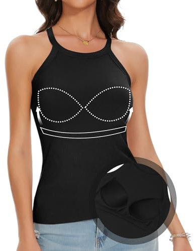 ANYFITTING Camiseta Sin Mangas con Sujetador Integrado, Top con Cuello Halter Color Sólido, Camiseta Cuello Redondo para Mujer, Top Hombros Descubiertos Cómodo Casual Acanalado Negro M