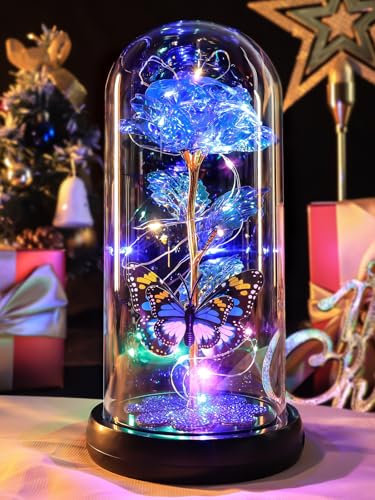 Pusuny Birthday Gifts for Women Mom, Rechargeable Galaxy Glass Rose in Glass Dome Crystal Flower Butterfly Gift Anniversary Christmas Roses Gifts for Women Her Wife Grandma Sister Girlfriend Blue