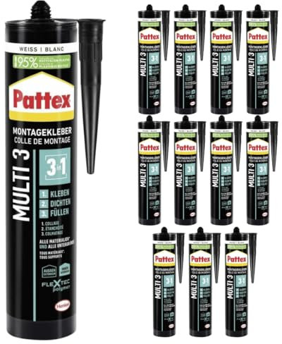 Montagekleber Weiß Multi 3-3in1 Baukleber - Kleben, Dichten, Füllen - Starker Kraftkleber für fast alle Materialien* - wetterbeständiger Baukleber für innen und außen (12 x 390g)