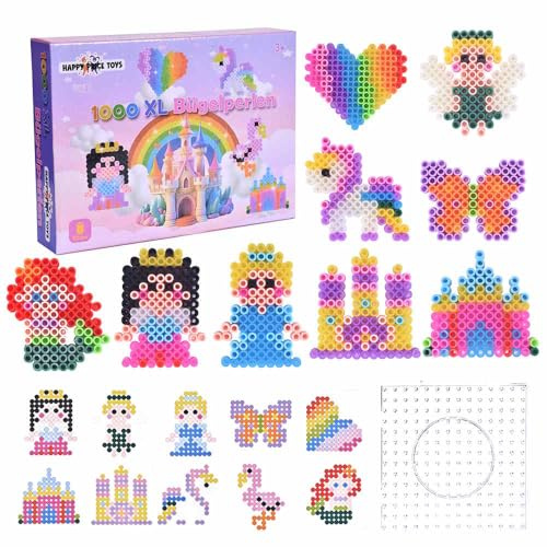 Juego de 1000 perlas para planchar Maxi XL de 10 mm, 1 maxi tablero, 1000 cuentas de planchado de colores, 10 plantillas de papel Princesas Mundial, 3 papeles para planchar. Diversión creativa para
