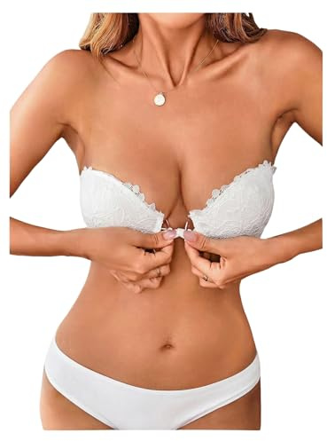 GORGLITTER Women's Strapless Push Up Front Fastening Bra Underwire High Support Scalloped Cross Back Lace Bras White 34D