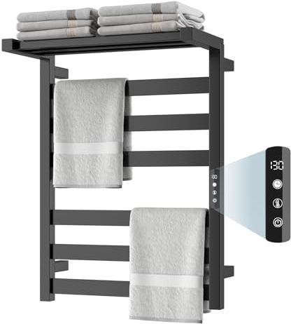 Chomolhari Tower Warmer Rack, 6 Bars Stainless Steel Wall Mounted Electric Heated Towel Rack for Bathroom, Built-in Timer, Hard-Wired & Plug in, Glossy Black (Glossy Black)