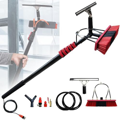 Kit Spazzola per Asta alimentata ad Acqua, Spazzola per la Pulizia dei vetri con Pannello Solare, Kit Asta telescopica per la Pulizia dei vetri, pulitore per vetri Estensibile per Esterni, 1