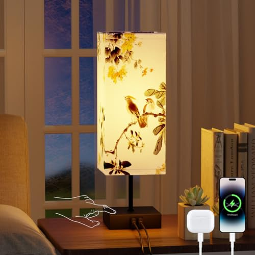 Yeeklab Lamparas de Mesita de Noche Con 2 Puertos De Carga USB, Regulable Lampara Mesilla de Noche Con 3 Temperaturas, Cubierta de Lámpara Bird, Lampara de Mesa para Dormitorio, Sala, Oficina