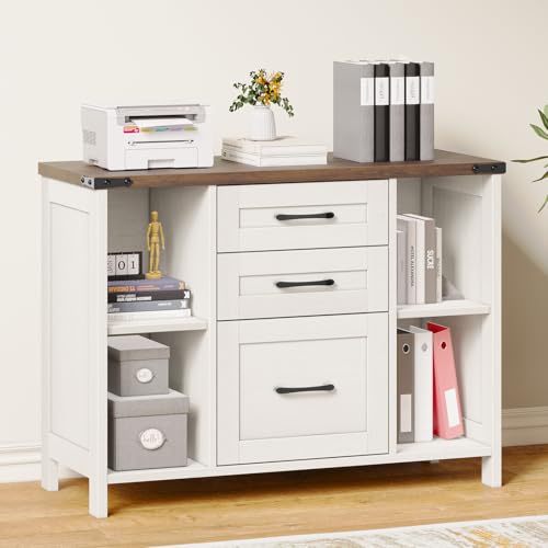 BonVache Farmhouse Lateral Filing Cabinet, 3 Drawer Wooden File Cabinet with Adjustable Open Shelves, Printer Stand Fits Letter/A4 Size, Storage Cabinet for Home Office, White