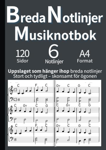 Breda Notlinjer Musiknotbok: Kontinuerliga Notlinjer över Dubbelsidan | Idealisk för Barn, Nybörjare & Seniorer | För Pianolektioner och Komposition | A4 (Grå)