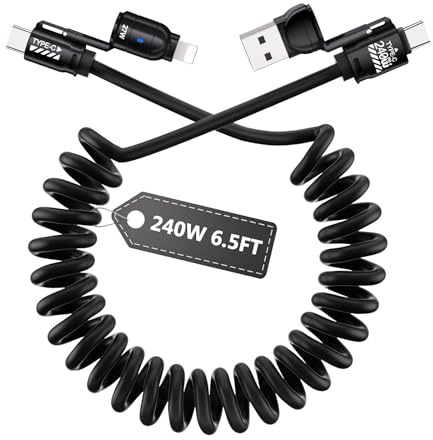 Homailida 4-i-1 Spiral Laddningskabel, 240w Snabbladdning Multi Laddarkabel och Dataöverföring, för CarPlay & Android Auto, USB-A/C till Typ C/L Portar för i Phone 17/16/15/14 iPad Android