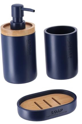 Tendance - Set Gobelet Distributeur à Savon et Porte Savon Polyrésine - Bleu Marine/Bambou - Salle de Bain - Accessoire Salle de Bain à Poser