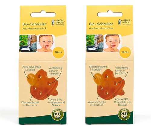 Gruenspecht Lot de 2 tétines bio en caoutchouc naturel pour bébé de 18 mois et plus - Collerette souple en forme de cœur - Forme orthodontique