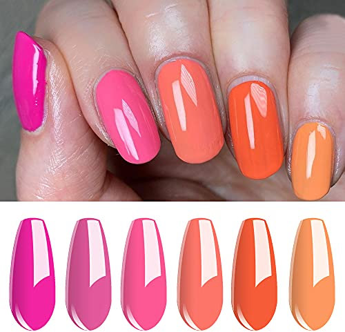 Vishine Lot de 6 Vernis à Ongles Gel Semi Permanent Nuances de Orange & Fushia - Super Shine et Longue Tenue -8 ml