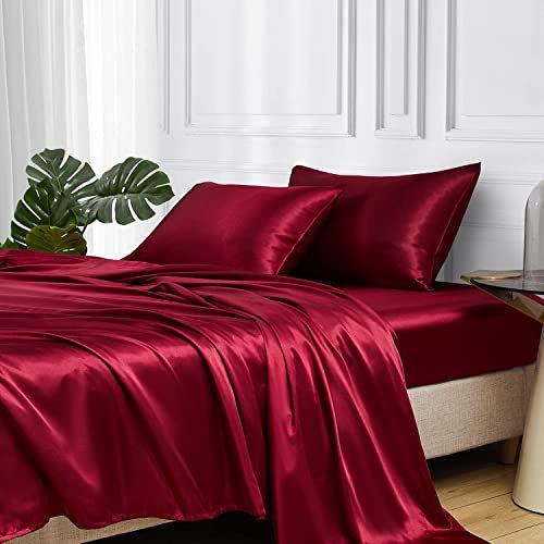 Lanqinglv Luxus Satin Spannbettlaken Bettlaken 180x200 cm bis 25-30 cm Steghöhe Boxspringbett Topper 110g/m² Glatt Seide Glanzsatin Boxspringbett Spannbetttuch Leintuch,Weinrot Burgund,1 Stück