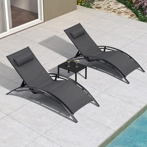 PURPLE LEAF XXL Lot de 2 Bain de Soleil Aluminium avec Table, Transat Jardin Extérieur 5 Positions de Réglage, Coussin Amovible, Transat Piscine pour Terrasse, Pelouse, Jardin, Gris