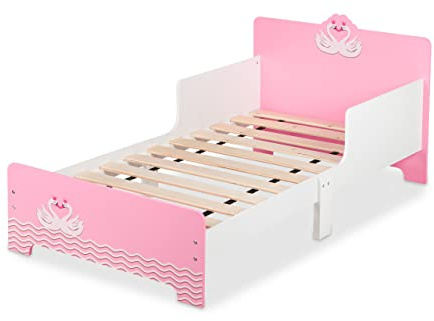 Relaxdays Barnsäng med skydd, H x B x D: 60 x 77 x 143 cm, ribbotten, barnsäng med svanmotiv, MDF, vit/rosa, fiberplatta, 60 x 77 x 143 cm