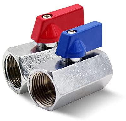 DOJA Barcelona | Valvula de Esfera Mini | 2 Piezas | Azul y Rojo | 3/8 | H - H | Valvula de Esfera Mini de Laton Cromado | Mini Valvula Bola para Bombas de Agua, Grifo Exterior, Conexiones de Agua