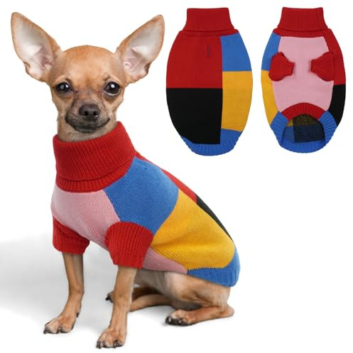 Dog Sweater for Winter | Warm Knitted Dog Jumper with Harness Hole for Outdoor Walks | Turtleneck Pet Clothes for Small Dogs | Mini Dachshund, Toy Poodle, Rainbow Pop S