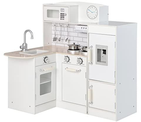 RELAX4LIFE Cucina Giocattolo per Bambini, Mini Cucina in Legno con Lavello, Fornelli, Microonde, Frigorifero, Giocattolo Educativo per Bambini 3+ Anni (Classica)