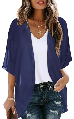 florynova Women Plus Size Cardigans Floral Print Short Sleeve Top Chiffon Kimono Loose Beachwear Cover Up（Navy Blue，S）