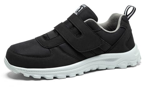 RUYI Diabetiker skor kvinnor män extra långa seniorer ortopediska hälsoskor promenadskor ultralätta sneakers med kardborreband för svullna fötter, svart, 42 EU