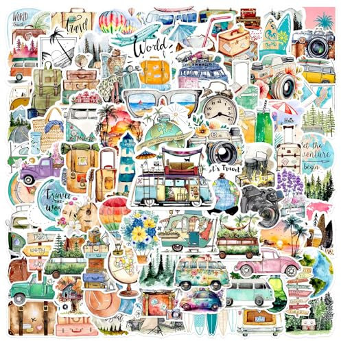 EOAMGO 100 Stück Scrapbook Stickers, Journal Aufkleber Fotoalbum Scrapbook Journaling Zubehör, Wasserfeste Koffer Reise Aufkleber, Vinyl Travel Urlaub Kleine Sticker für Laptop Handy Bücher Buch Book