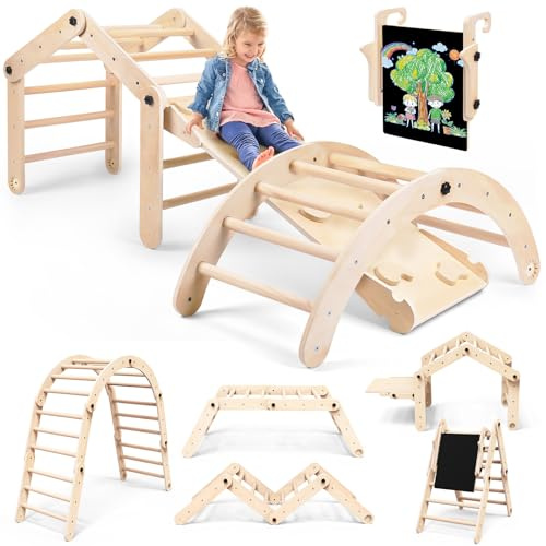 Woodure 7-in-1 Montessori Klettergerüst Indoor Set, Verformbares Kletterdreieck mit Rutsche & Kletterbogen, Hölzernes Pikler Dreieck zum Baby Klettern, Klettergerüst Montessori Spielzeug ab 1-6 Jahre