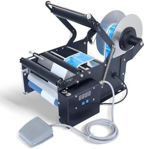 Halvautomatisk etiketteringsmaskin för rund flaska 20-40 st/min elektrisk etikettapplikator, etikettetikett för rund flaskkodning Lämplig för 20-100 mm cylinderflaska med diameter