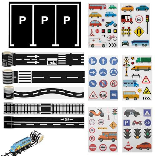 LEOINAER Ensemble de Washi Tape pour Routes et Circulation - 12 pièces, 5 Rouleaux de Bandes routières, 1 Sticker de Parking, 6 Autocollants de Panneaux de Circulation, créatif et éducatif, Taille: s