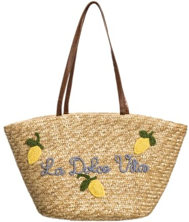 DIVINA Borsa in Paglia con Ricamo Limoni, Cesta Mare con Manici, 57x33x24 cm - BAG 207
