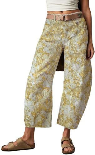 loveimgs Women Baggy Barrel Jeans Mid Rise Printed Denim Pants Wide Leg Jeans Boyfriend Y2k Patchwork Cartoon 2025 Hippie