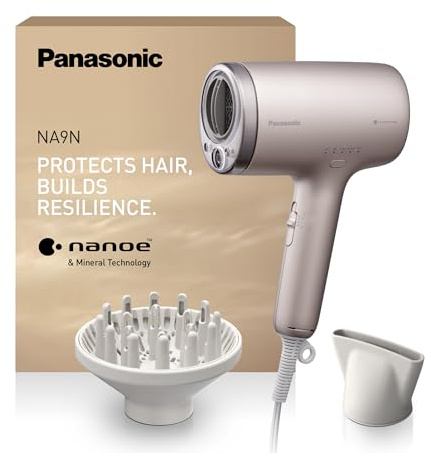 Panasonic NA9N hårtork med nano- och mineraljoner, anti-damage, snabb torkning, intelligent avkänning, hårbotten- och hudlägen, koncentrator tillbehör, 1600 W, Greige