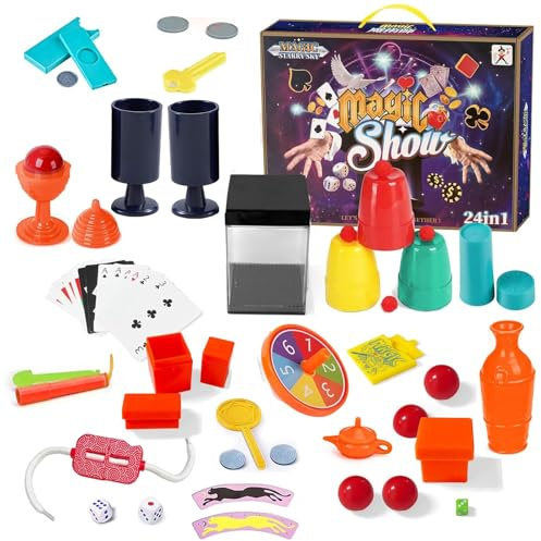 Boîte magique pour enfants, tours de magie avec chapeau magique, baguette magique, instructions et bien d'autres ustensiles, mallette magique pour apprendre facilement des tours de magie et des
