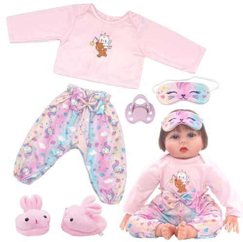 Ropa de muñeca rosa Pony de 6 piezas para muñecas de 50 a 55 cm, conjunto de pijama con parte superior de manga larga, pantalones de lazo, zapatos de conejo de peluche, máscara de ojos, chupete