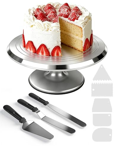 LAOYE Plato Giratorio para Tartas de Aluminio 30 cm, Base Giratoria Profesional para Decoración de Pasteles con Rodamientos Suaves, Incluye 5 Espátulas de Repostería y 3 Paletas