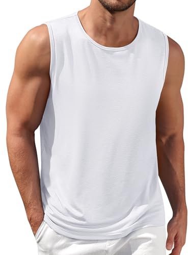 Lonya Gym linne herr linne sommar strand ledig atletisk väst bodybuilding löpning T-shirt ärmlös, Vit, L