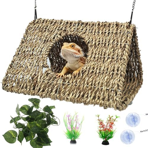 Grotte pour reptile, cachette de gecko creuse, hamac à suspendre en fibre de jonc de mer barbu hamac balançoire cage lézard jouets d'escalade avec ventouses et chaînes, décoration d'aquarium pour