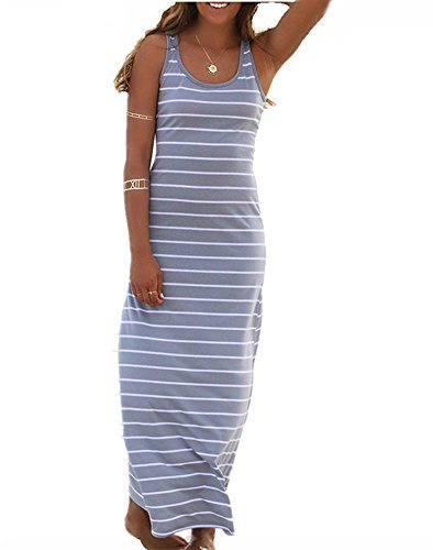 Roselux Women's Sleeveless Scoop Neck Striped Maxi Sundresses Loose Racerback Long Dress (Gray,S)
