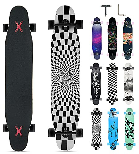 Opurtdor Longboard 8 Layers Decks 46x8 Skateboard Pro Complete Skate Board Maple Wood Long Board for Adults Beginners (Psychedelic)
