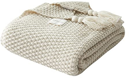 Stickad filt med tofsar, premium vändbar 100 % akrylöverkast, lätt mjuk varm, stickad virkad filt för soffa stol säng heminredning, 150 x 200 cm, beige