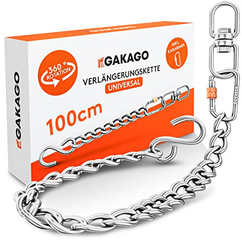 Gakago Verlängerungskette als Hängesessel Kette, Schaukel Verlängerung, Boxsack Halterung - Extra Starke Stahlkette mit S-Haken, Drehwirbel und Karabiner - Flexible Aufhängung auch für Draußen