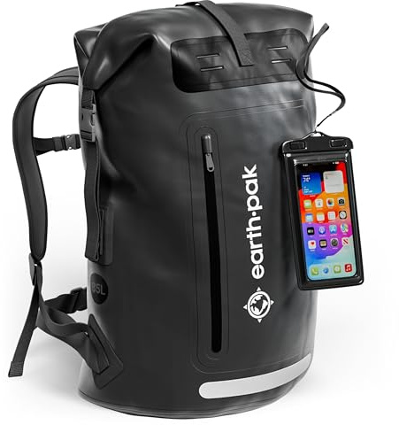 Earth Pak wasserdichter Rucksack – 35L / 55L Waterproof Backpack mit leistungsstarkem Rolltop Rollverschluss, Reißverschluss Tasche und IPX8 wasserfester Handyhülle (Schwarz, 85L)