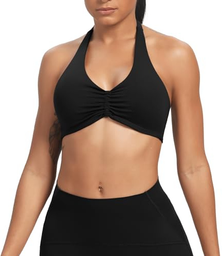 Aoxjox Women's Workout Sports Bras Fitness Taylor Scrunch Halter Bra Yoga Crop Tank (Black, Medium)