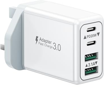 USB C Plug, 40W 4-Port Fast Charger Plug UK Dual Port PD Power Adapter +QC Multi Mains Wall Charger Type C Charging Plug for iPhone 16 15 14 13 12 11 Pro Max Plus XS XR SE,Samsung, iPad, AirPods