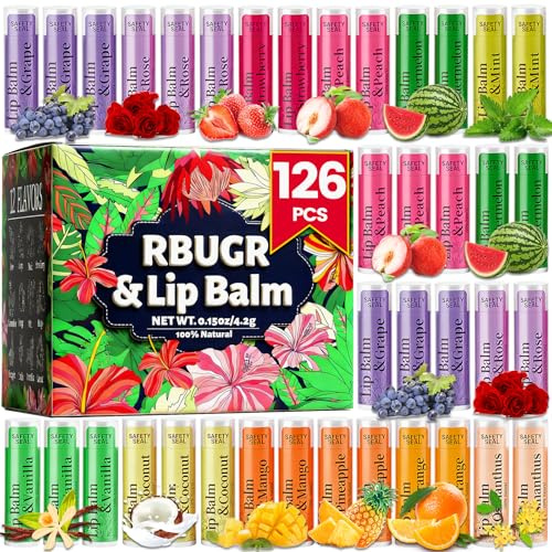RBUGR 126 Pcs Lip Balm Bulk- 12-Flavored Natural Organic Moisturizing Lip Balm Set for Cracked Lips, Bulk Pack Valentine Party Favors Gifts (4.2g/0.15oz)