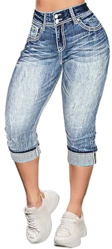 Flamingals High Waist Capris Jeans for Women Casual Summer Butt Lifting Skinny Denim Capri Ice Blue Mid Blue M