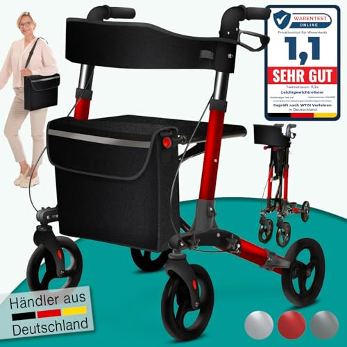 maxVitalis Rollator faltbar und leicht mit Sitz, Leichtgewicht-Reiserollator aus Aluminium, Gehhilfe 8-fach höhenverstellbar, Laufhilfe 3-fach faltbar für Kofferraum, Tasche & Schirmhalter Rot