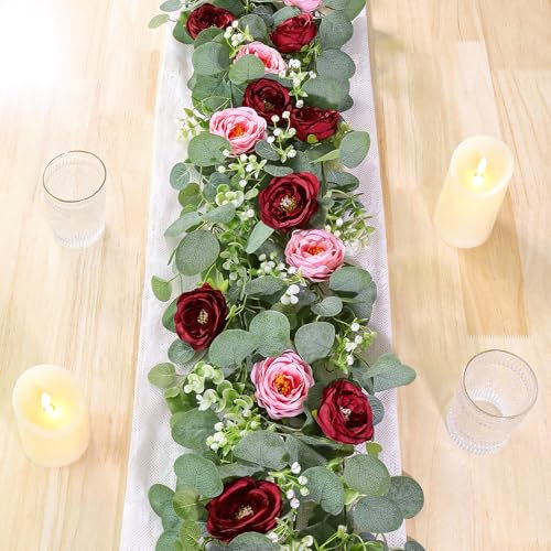 UXORSN Lot de 2 guirlandes de fleurs d'eucalyptus artificielles de 3,7 m avec roses rouges et roses - Guirlande de verdure florale en soie - Guirlande de vignes artificielles gypsophile pour