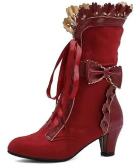Blano Lofor Women Victorian Boots Chunky Heels Lace up Cute Bow Knot Cosplay Costumes Witch Medieval Renaissance Mid-Calf Goth Boots Gothic Character Dance Kawaii Lolita Shoes Burgundy Size 8.5