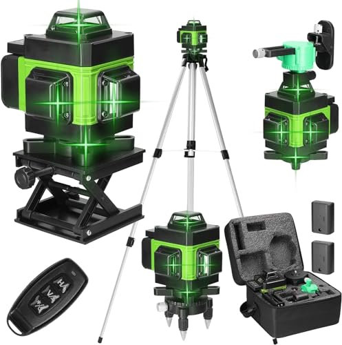 Geevorks Nivel Laser Autonivelante con Tripode,Nivel Láser 4D de 16 Líneas con 2 * 2400 mAh Batería,Alcance de 25 m,360 Verde,Soporte de Trípode de 1,2 m,Control Remoto